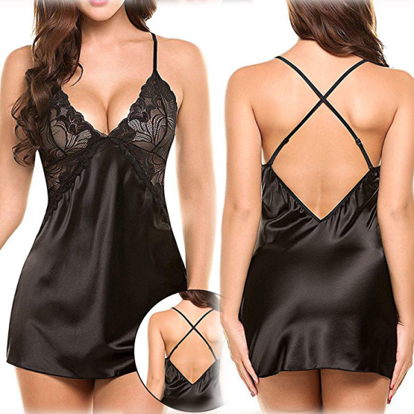 Fun Underwear Sexy Imitation Ice Silk Back Cross Strap Sleeping Dress Fun Set