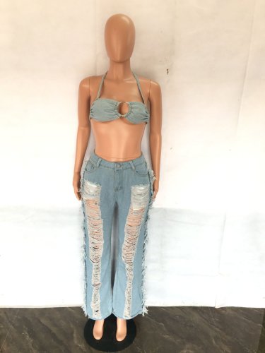 Perforated Slim Jeans Women's Pants Long Pants Set