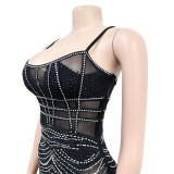 Women's solid color suspender sleeveless mesh hot diamond short skirt dress
