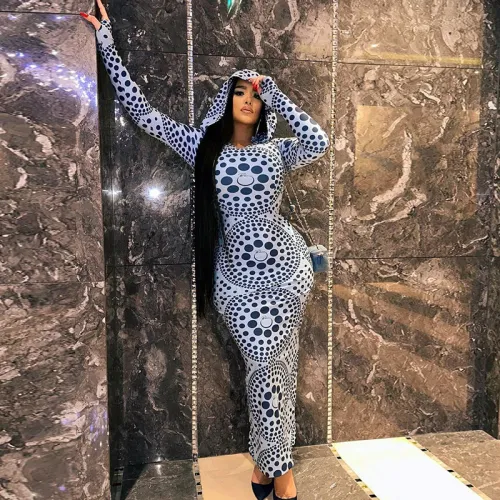 Fashionable dot print hooded long sleeved buttocks wrapped slim fitting dress
