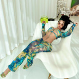 Fashionable printed sexy chest wrap with exposed navel, long sleeved top and pants, two-piece trendy women's sports set