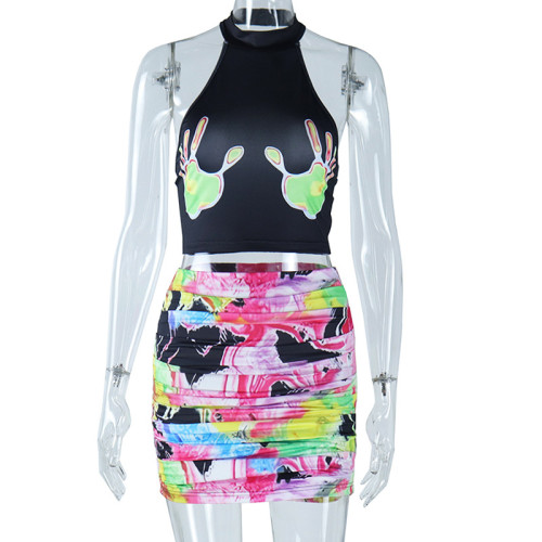 Fashion printed sleeveless open navel top, small vest, half skirt, two-piece women's casual set