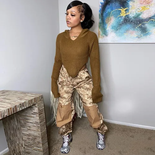 Camo Contrast Elastic Waist Street Fashion Casual Pants