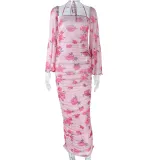 Fashionable printing perspective sexy suspender square neck flare sleeve long sleeve wrap buttocks slim fitting long dress