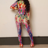Fashion tight fitting set, digital printed round neck short top, high waist, buttocks, and leggings two-piece set