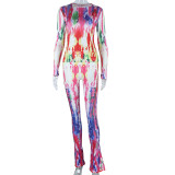 Fashion tight fitting set, digital printed round neck short top, high waist, buttocks, and leggings two-piece set