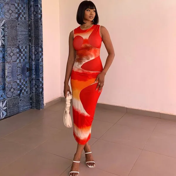 Fashion printed round neck sleeveless buttocks wrapped fashion long dress