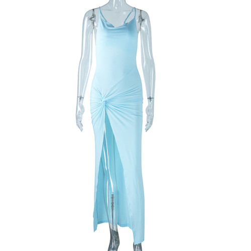 Drop Neck Strap Tight Dress Solid Split Mid Length Wrap Hip Skirt Pullover Skirt
