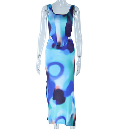 Fashion Printed Sleeveless Tank Top Split Half Dress Two Piece Set