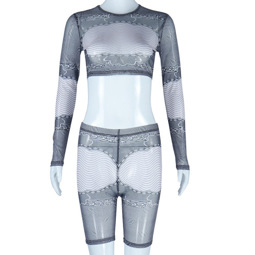 Mesh Perspective Tight Set Round Neck Long Sleeve Top High Waist Hip Lift 5/4 Pants Two Piece Set