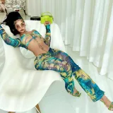 Fashionable printed sexy chest wrap with exposed navel, long sleeved top and pants, two-piece trendy women's sports set