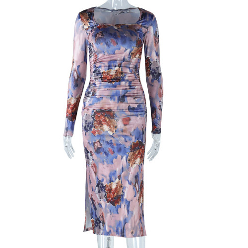 Fashionable floral print sexy square neck long sleeved split buttocks dress