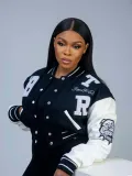 Women's embroidered elastic PU button buckle baseball jacket