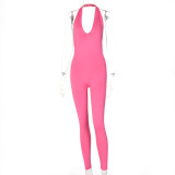Women's Sexy Open Back Hanging Neck Sleeveless V-neck Hip Lifting Sports Jumpsuit