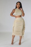 Women's solid color high waisted ruffled edge with exposed navel tight vest skirt set