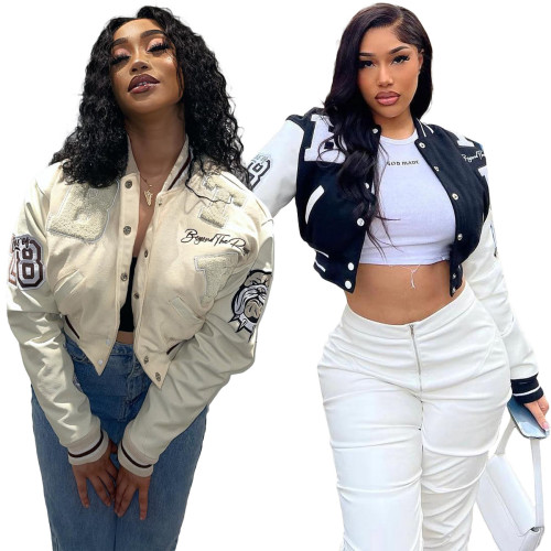 Women's embroidered elastic PU button buckle baseball jacket