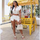 Women's button down lapel sleeveless top and shorts two-piece set of solid color elastic casual wear