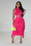 Women's solid color high waisted ruffled edge with exposed navel tight vest skirt set