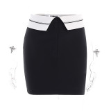 High waisted contrasting waistband suit with buttocks and short skirt