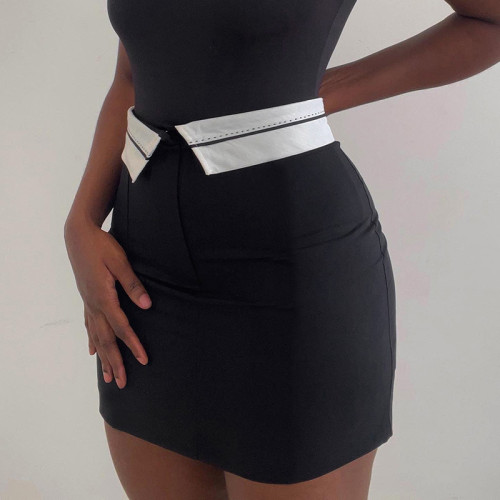 High waisted contrasting waistband suit with buttocks and short skirt