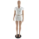 Women's button down lapel sleeveless top and shorts two-piece set of solid color elastic casual wear