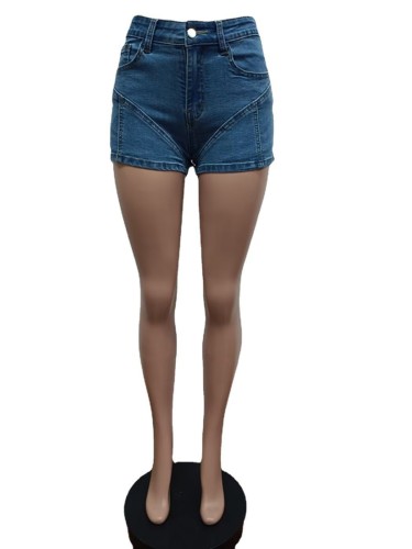 Contrast colored stretch denim shorts with stitching