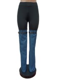 Spliced combination denim pants with elastic denim micro flared pants