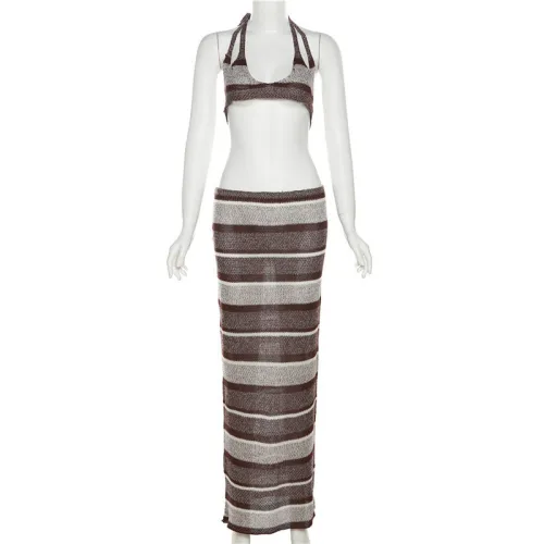 Women's New Sexy Low Chest Open Back Strap Top High Waist Long Half Skirt Set