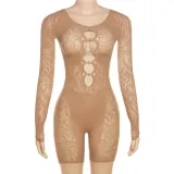 Sexy Perspective High Waist Long Sleeve Tight Wrap Hip Yoga Jumpsuit
