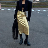 Half length skirt with pleated high waist and slit back, fashionable and trendy, versatile wrap hip skirt