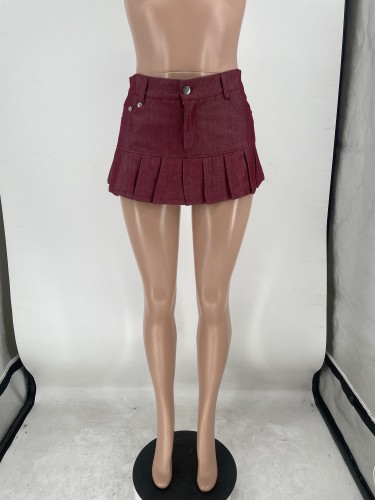 Sexy pocket zipper fashion denim pleated skirt
