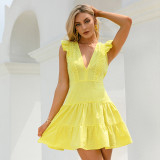 Printed suspender sexy deep V backless high waistband yellow solid French short skirt dress