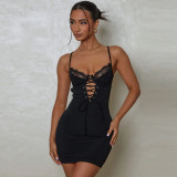 V-neck lace edging sexy hollow out suspender wrap hip spicy girl dress