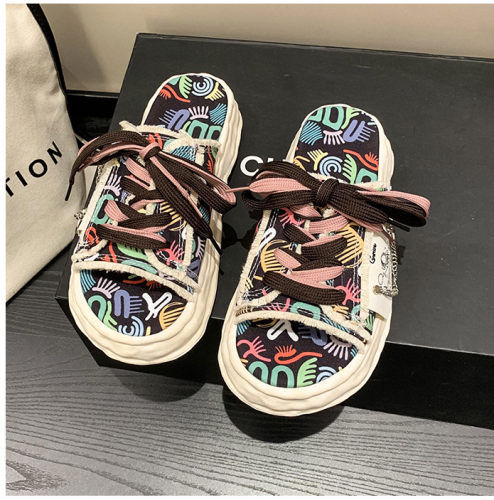 Personalized Graffiti Dissolved Thick Sole Slippers for Women's Summer Outwear New Canvas Slippers