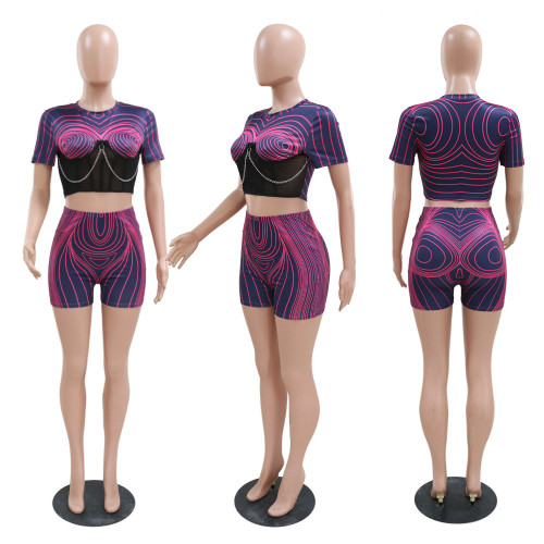 Two piece stylish digital printed round neck top paired with slim fitting shorts