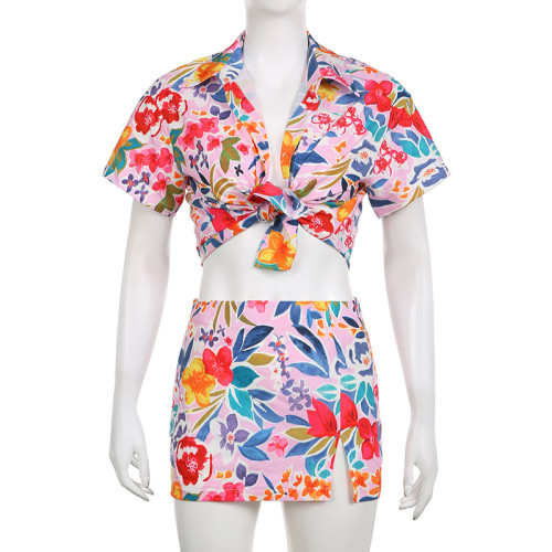 Women's printed holiday style Polo collar shirt+half skirt casual set