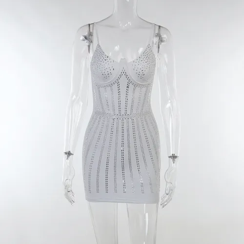 Slim fitting sexy buttocks wrapped dress with straps, hot diamonds, fashionable spicy girls casual short skirt