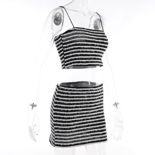 Sexy suspender black and white striped short top high waisted fashionable half skirt casual set