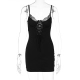 V-neck lace edging sexy hollow out suspender wrap hip spicy girl dress