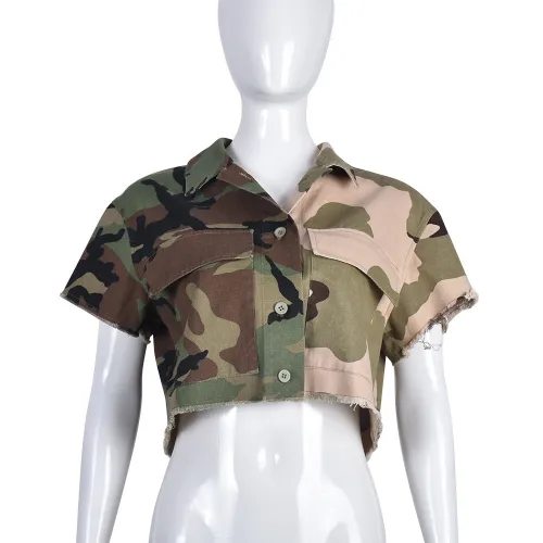Camouflage color contrast pocket personalized cardigan outdoor short sleeved women's coat