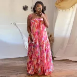 Sexy printed drawstring pleated wide leg drawstring jumpsuit