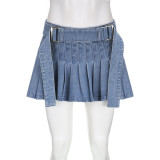 Denim belt waist pleated short skirt casual age reducing skirt