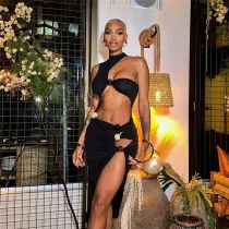 Women's Fashion Sleeveless Neck Sexy Open Back Low Cut High Waist Split Dress