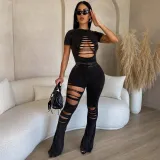 Perforated short sleeved top and pants casual set