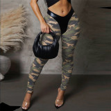 Strap top camouflage PU leather patchwork tight pants casual set