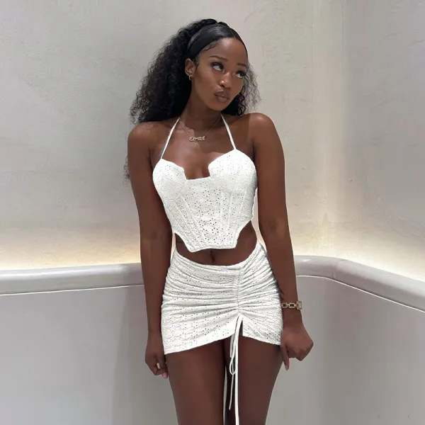 Solid lace hollowed out suspender with irregular navel wrap and high waisted drawstring pleated skirt two-piece set