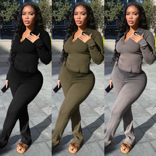 Women's wear pit stripe long sleeved temperament commuting solid color two-piece set