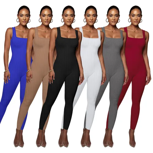 Women's solid color sleeveless vest jumpsuit with threaded square neck, open back, buttocks, and slim fitting jumpsuit