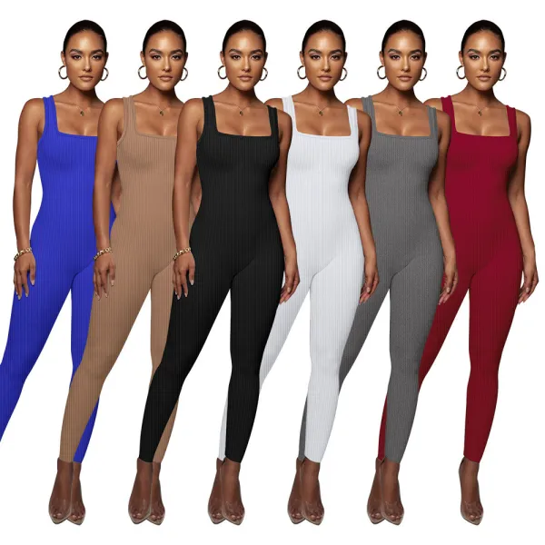 Women's solid color sleeveless vest jumpsuit with threaded square neck, open back, buttocks, and slim fitting jumpsuit