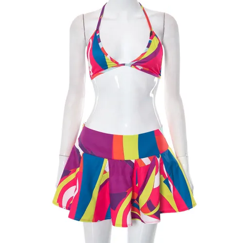 Printed wrap chest top zippered short skirt casual set
